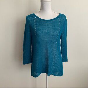 EUC Eileen Fisher Petite Teal Organic Linen 3/4 Sleeve Asymmetric Hem Sweater PM